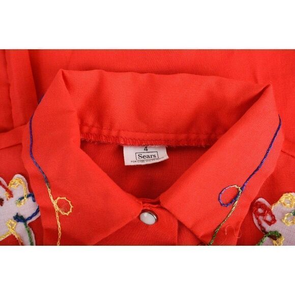 Vintage Sears Kids Western Shirt Blouse Pearl Snap Embroidered 4 Red Long Sleeve - Picture 3 of 3